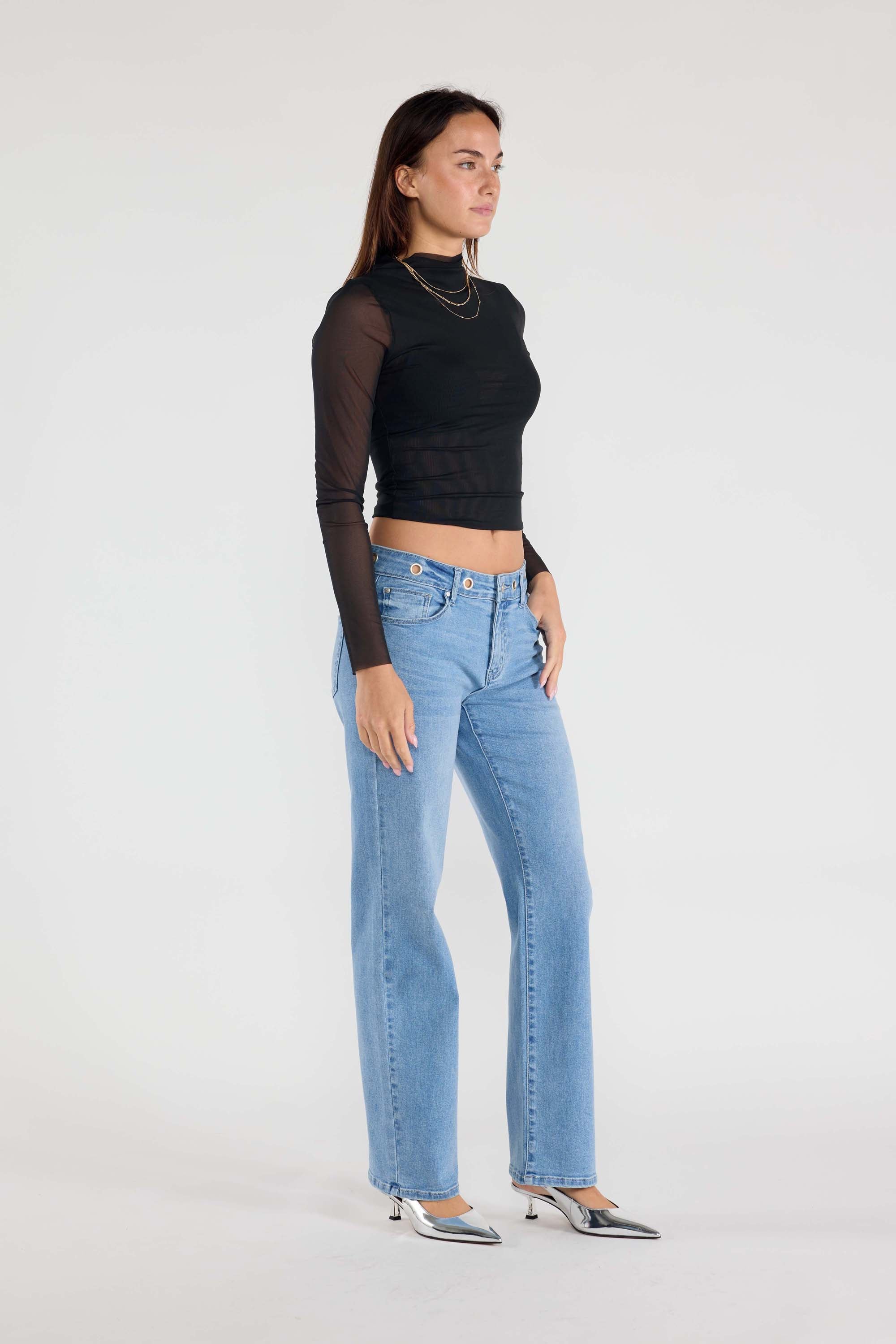 Eyelet Waist Band Straight Jeans
