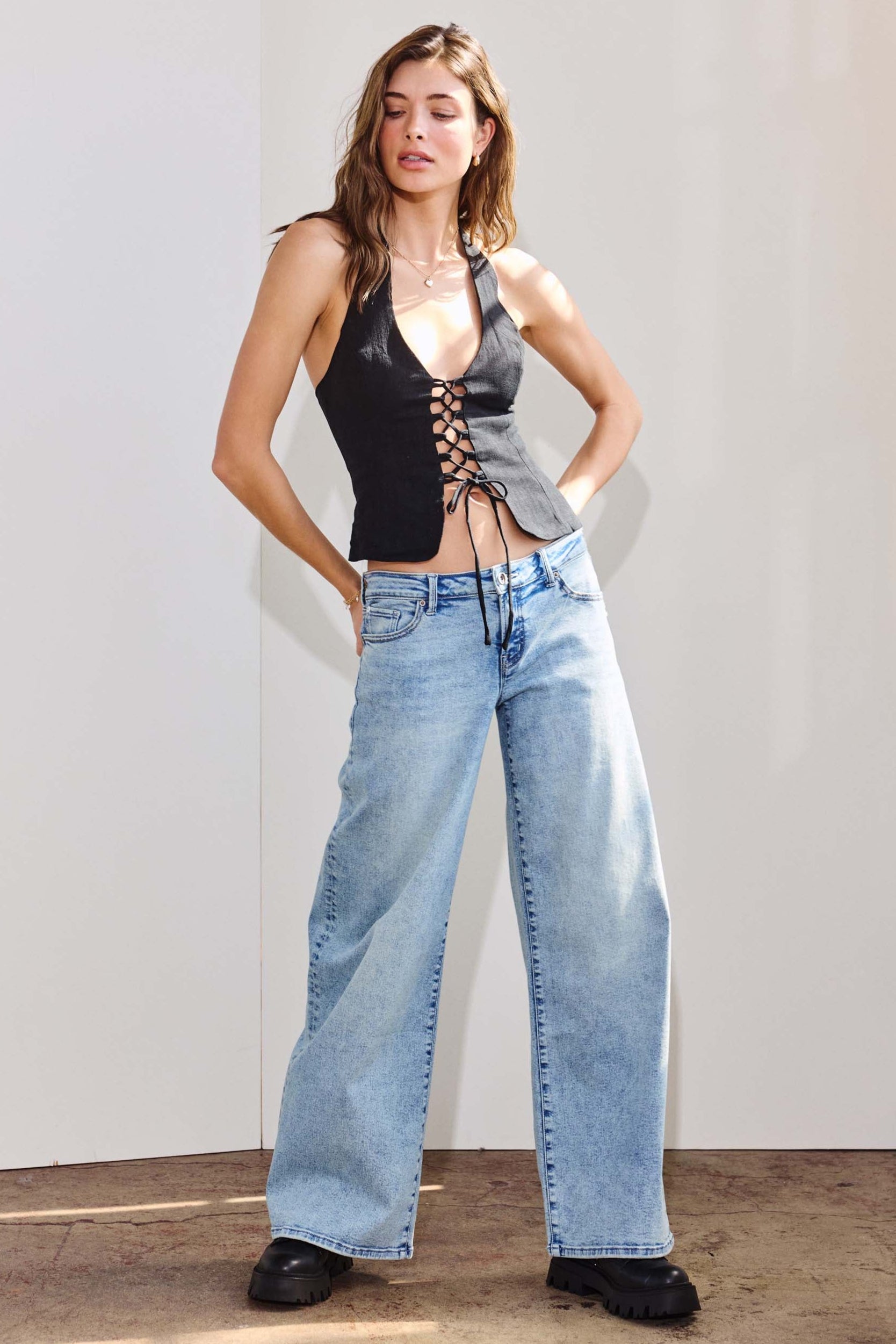 Low Waist Acid Washed Baggy Wide Leg Jeans