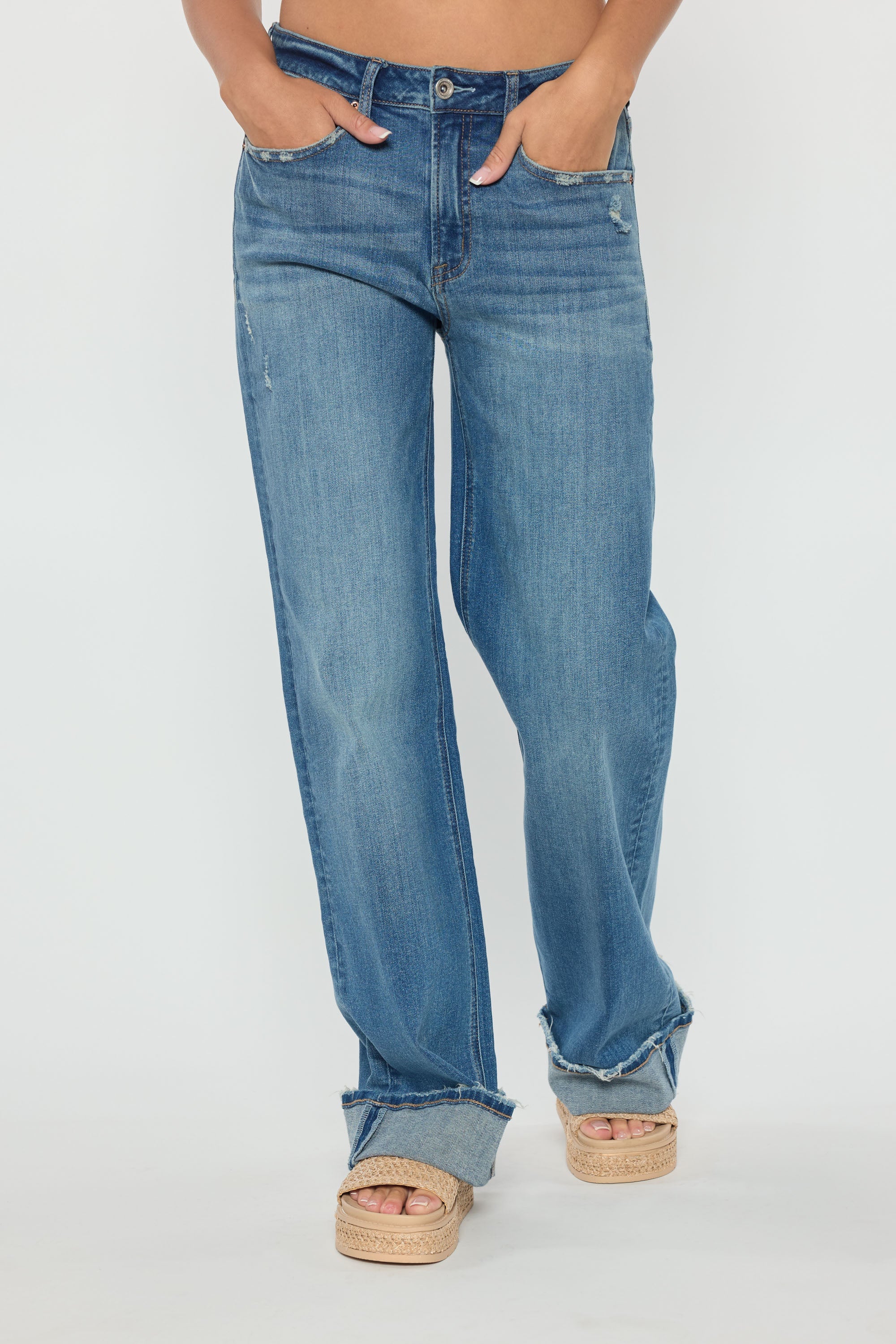 Mid Waist Baggy Wide Leg Jeans with Wide Cuffed Hem