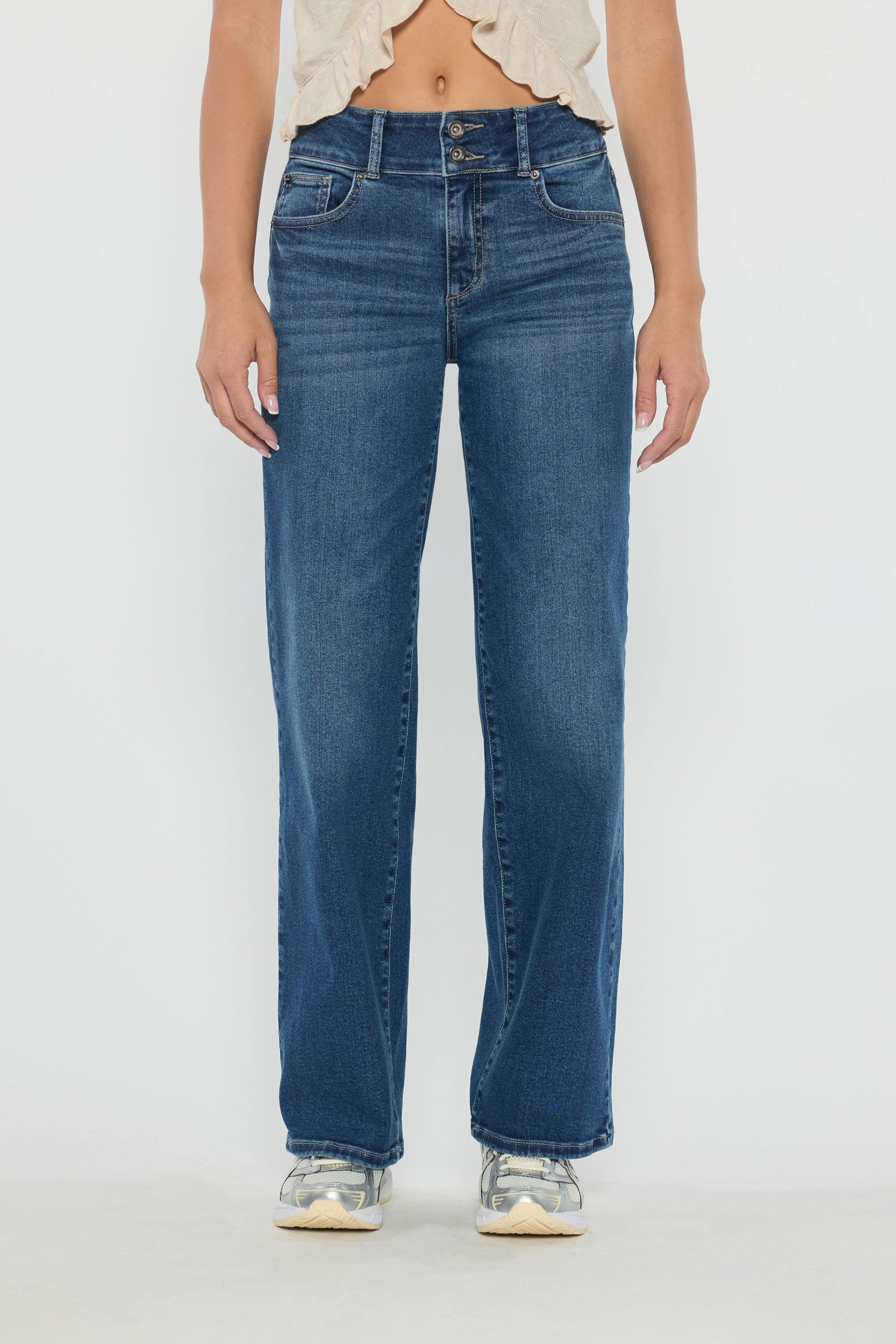 High Rise Two Button Wide Leg Jeans