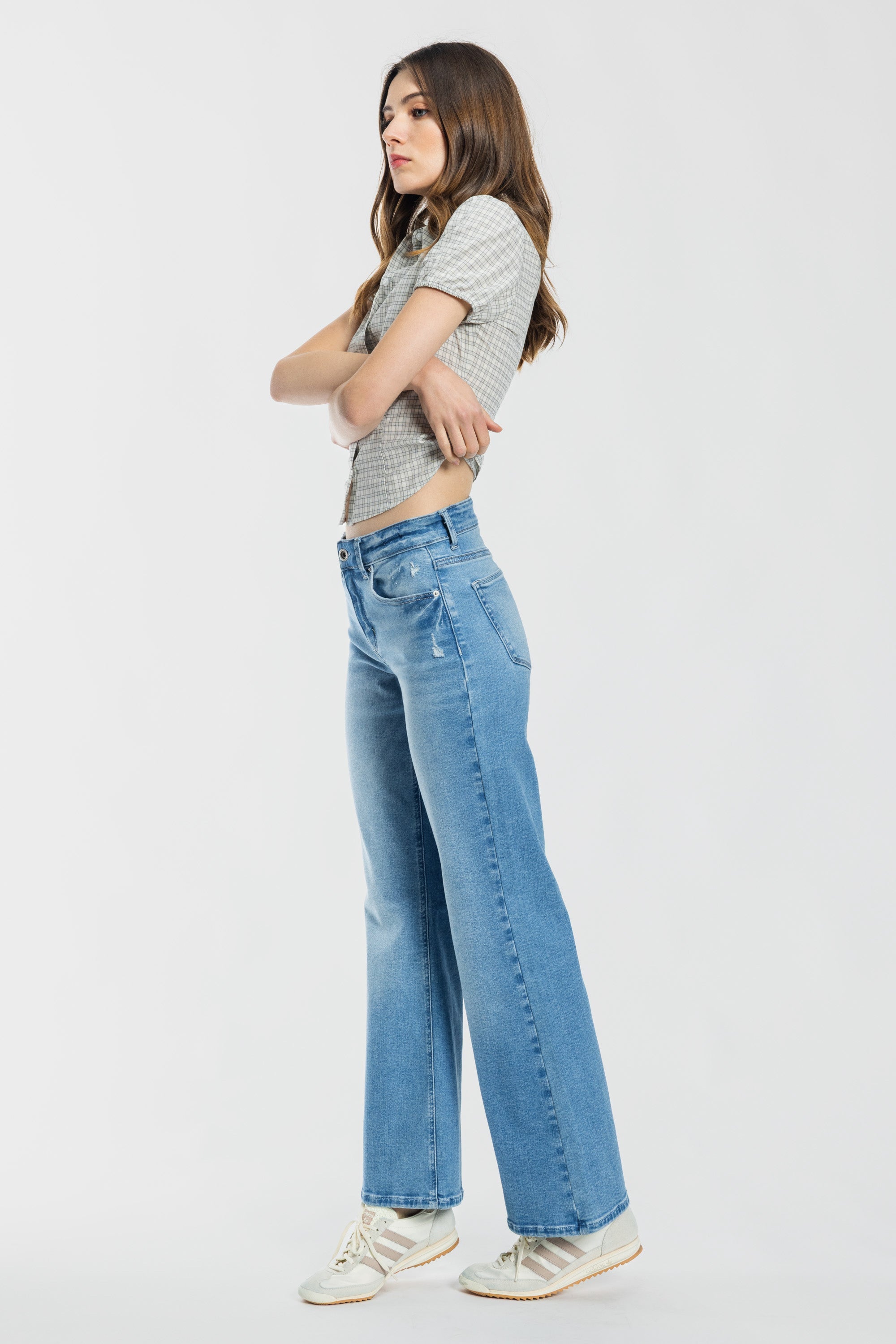 High Rise Destructed Wide Leg Jeans