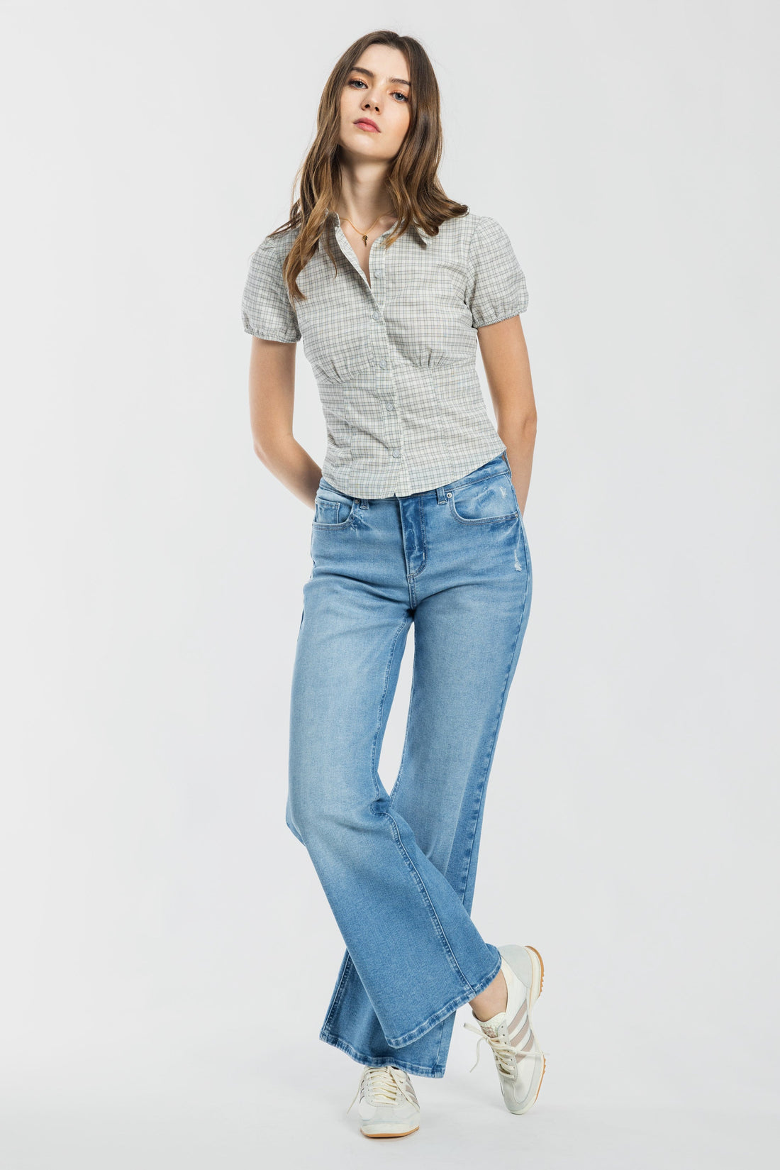 High Rise Destructed Wide Leg Jeans