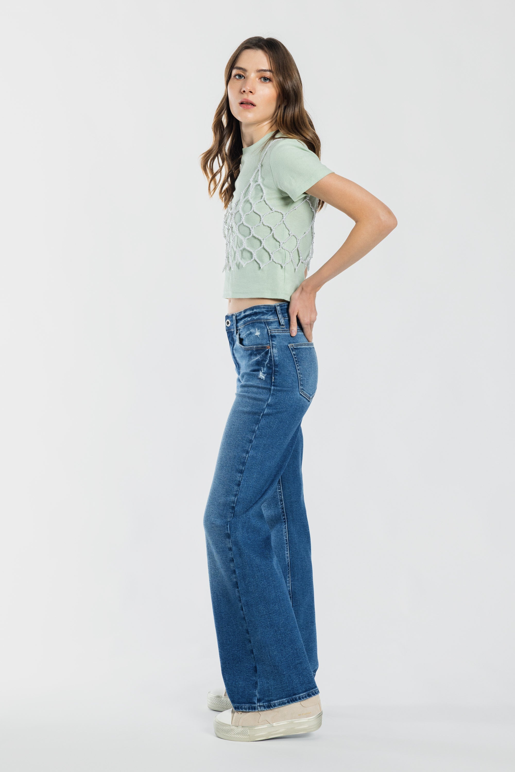 High Rise Destructed Wide Leg Jeans