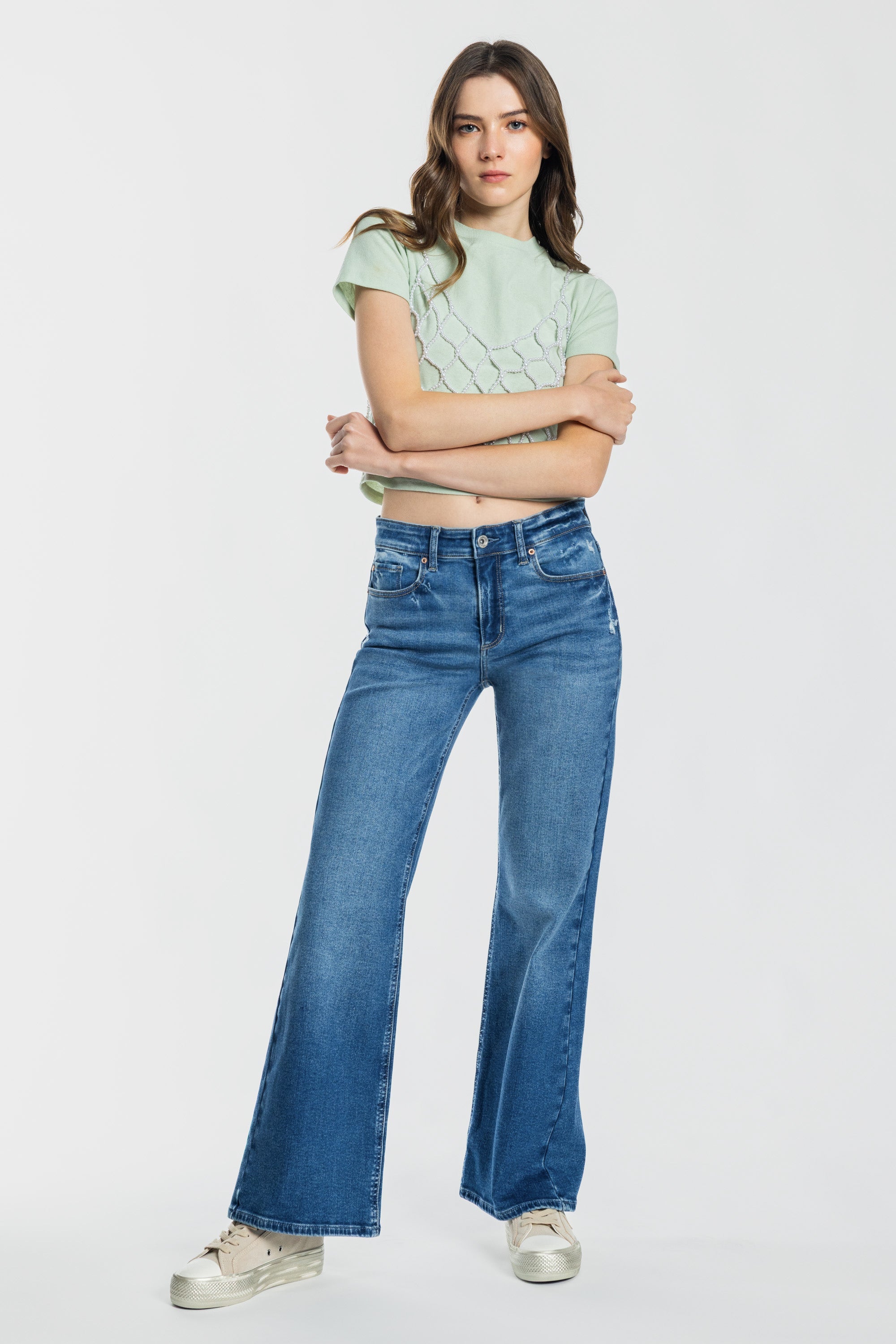 High Rise Destructed Wide Leg Jeans