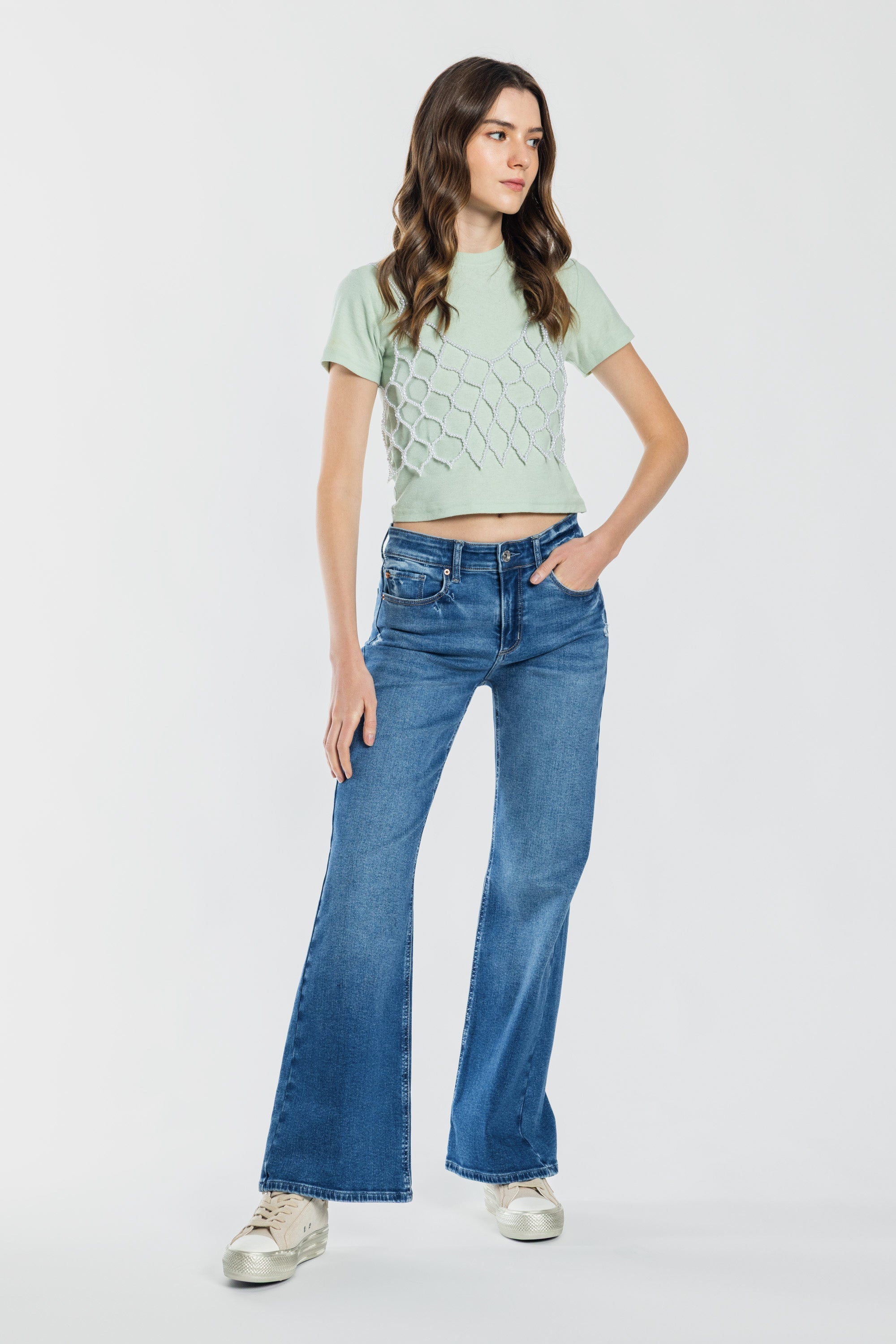 High Rise Destructed Wide Leg Jeans