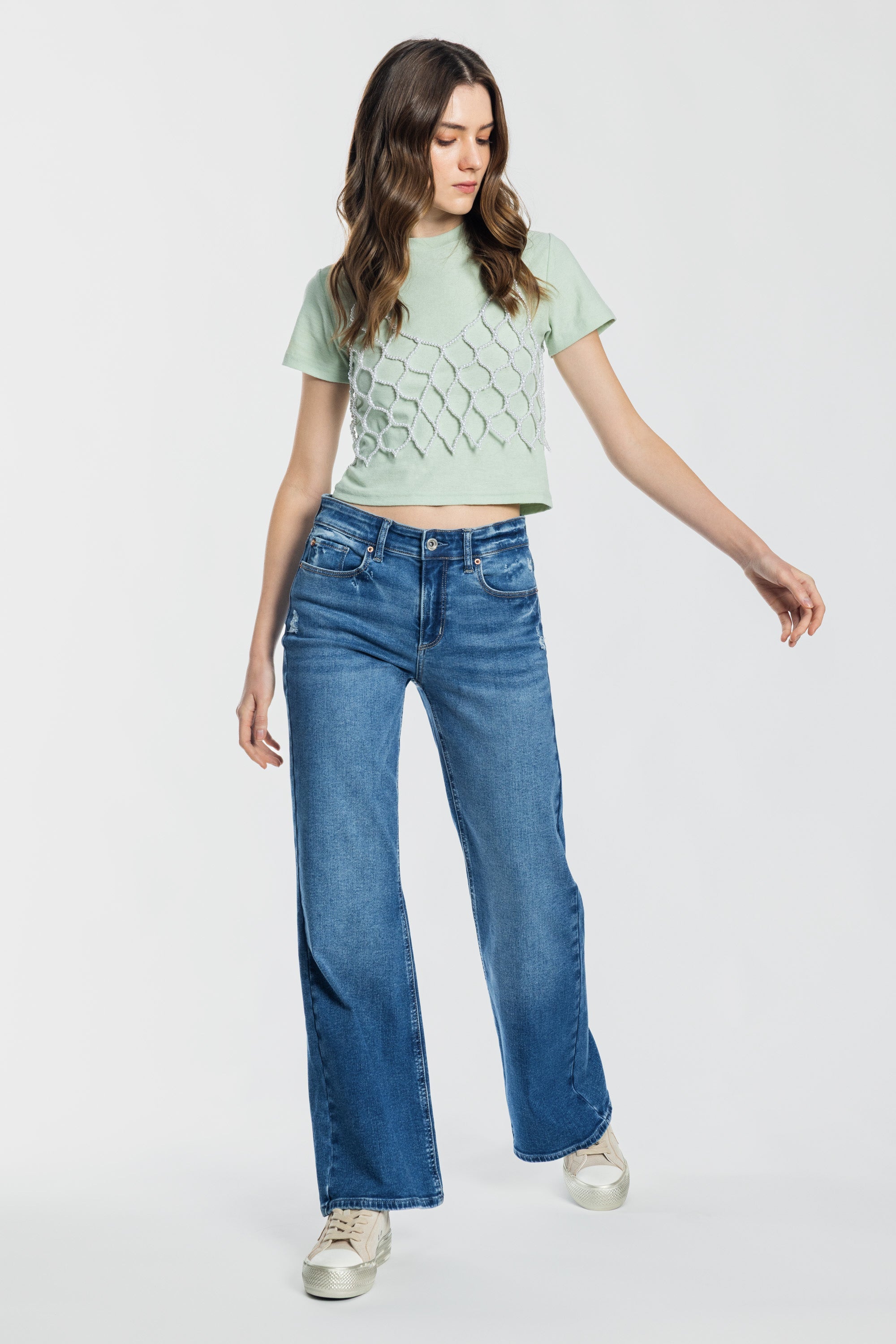 High Rise Destructed Wide Leg Jeans
