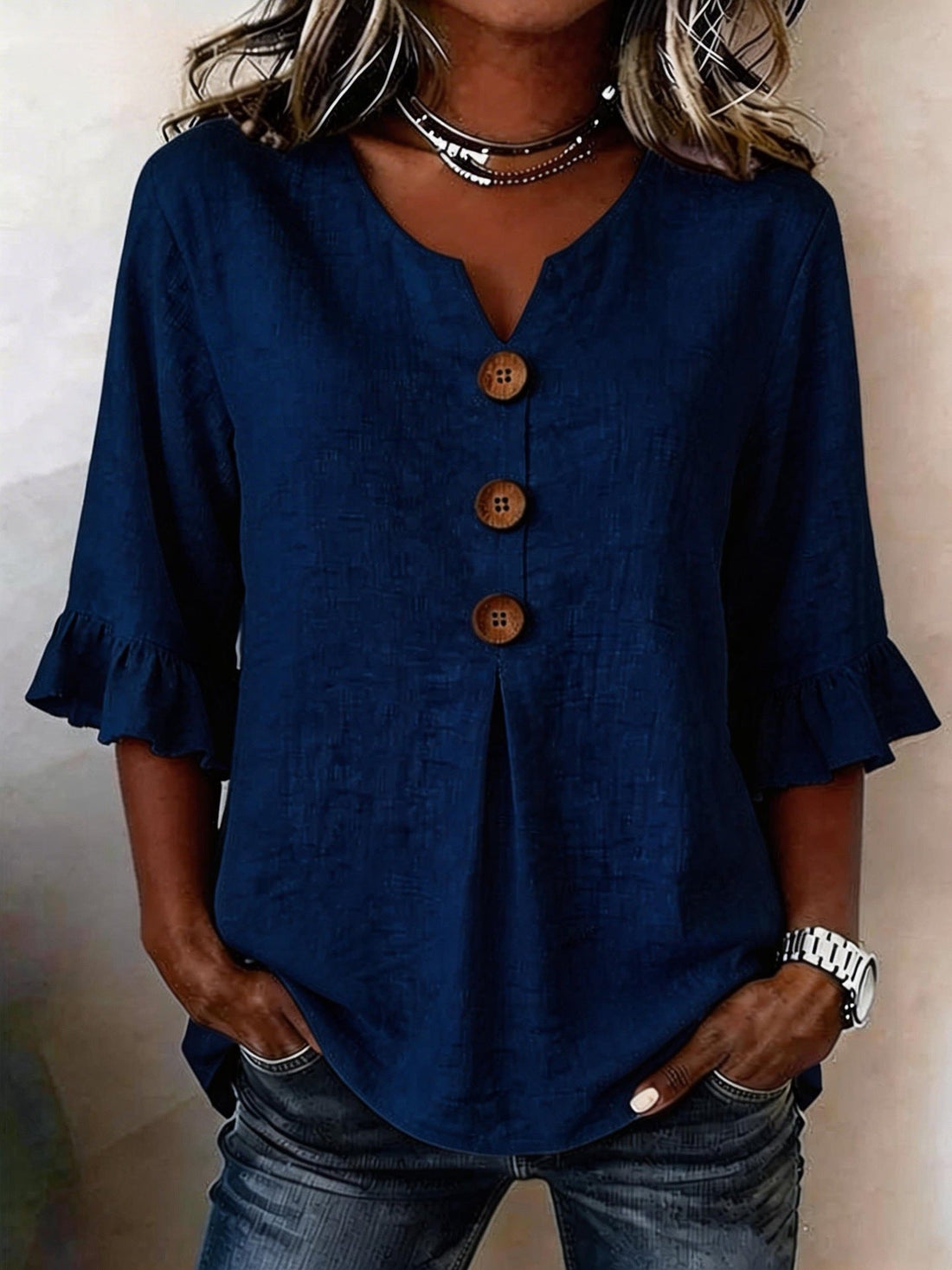 Women's Cotton Linen V-Neck Button-Up Blouse — Summer Casual Top