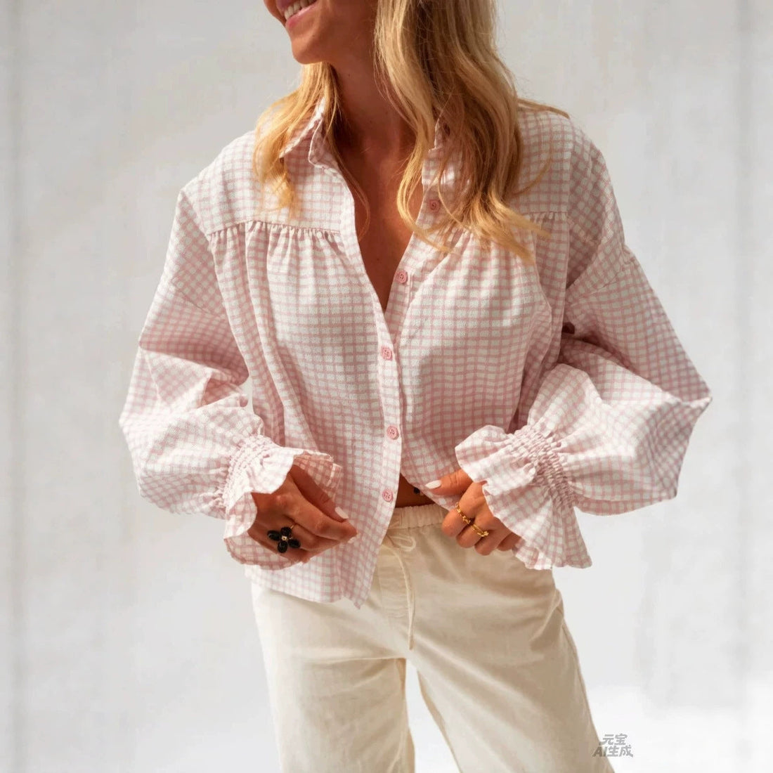 Women's Plaid Flared Sleeve Loose Fit Long Sleeve Shirt