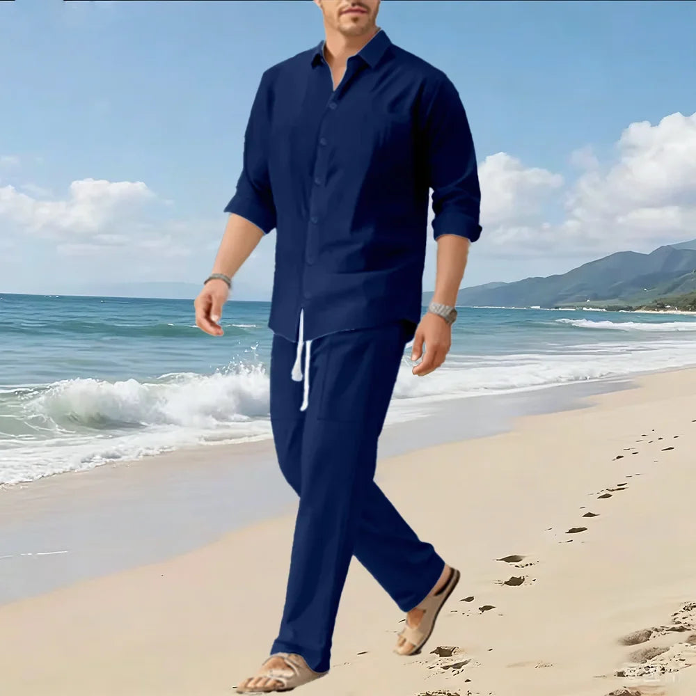 Spring/Summer New Men's Loose Comfortable Long-Sleeved Shirt and Pants Two-Piece Set