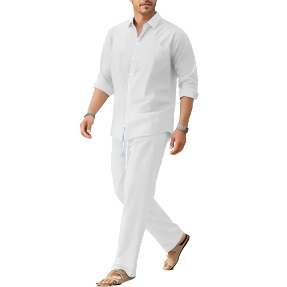 Spring/Summer New Men's Loose Comfortable Long-Sleeved Shirt and Pants Two-Piece Set