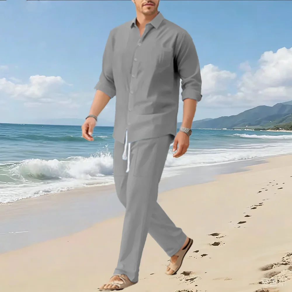 Spring/Summer New Men's Loose Comfortable Long-Sleeved Shirt and Pants Two-Piece Set