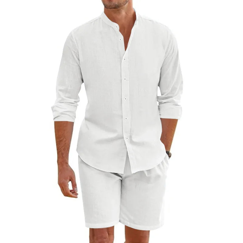 Summer Men's Beaded Loose Casual Linen Breathable Hawaiian Simple Long Sleeve Shirt Beach Shorts Set