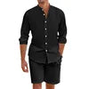 Summer Men's Beaded Loose Casual Linen Breathable Hawaiian Simple Long Sleeve Shirt Beach Shorts Set