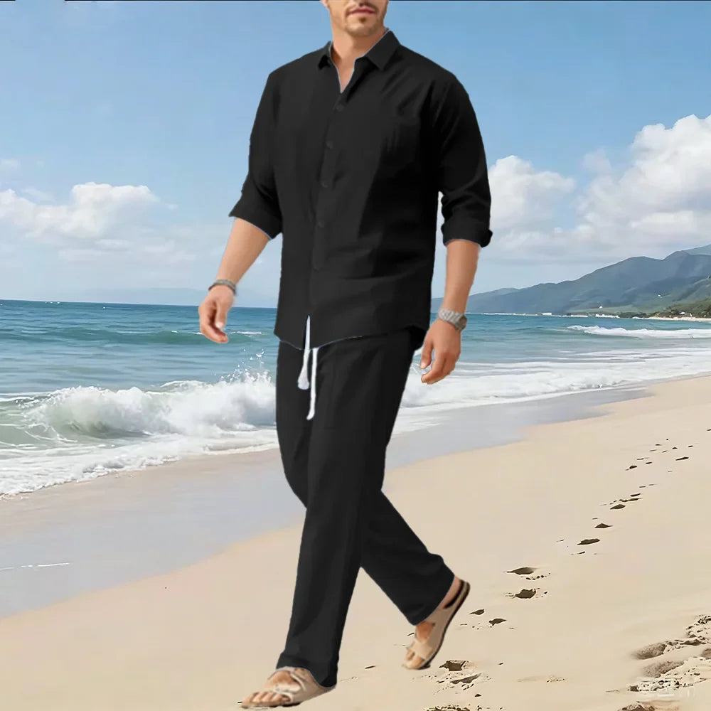 Spring/Summer New Men's Loose Comfortable Long-Sleeved Shirt and Pants Two-Piece Set