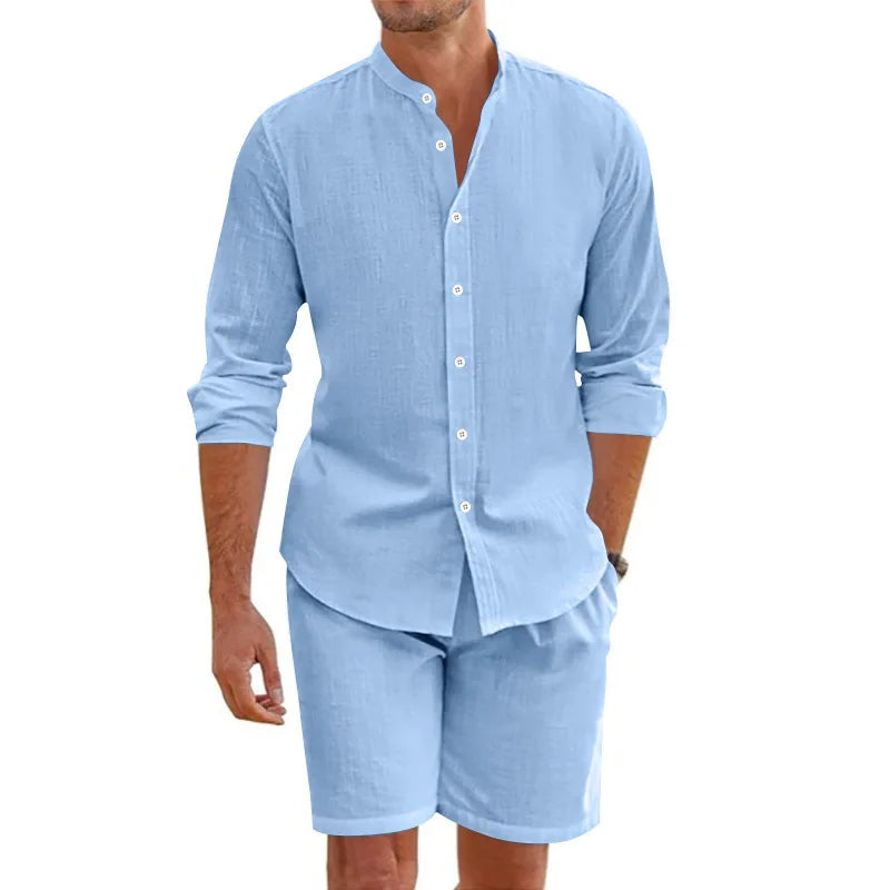 Summer Men's Beaded Loose Casual Linen Breathable Hawaiian Simple Long Sleeve Shirt Beach Shorts Set