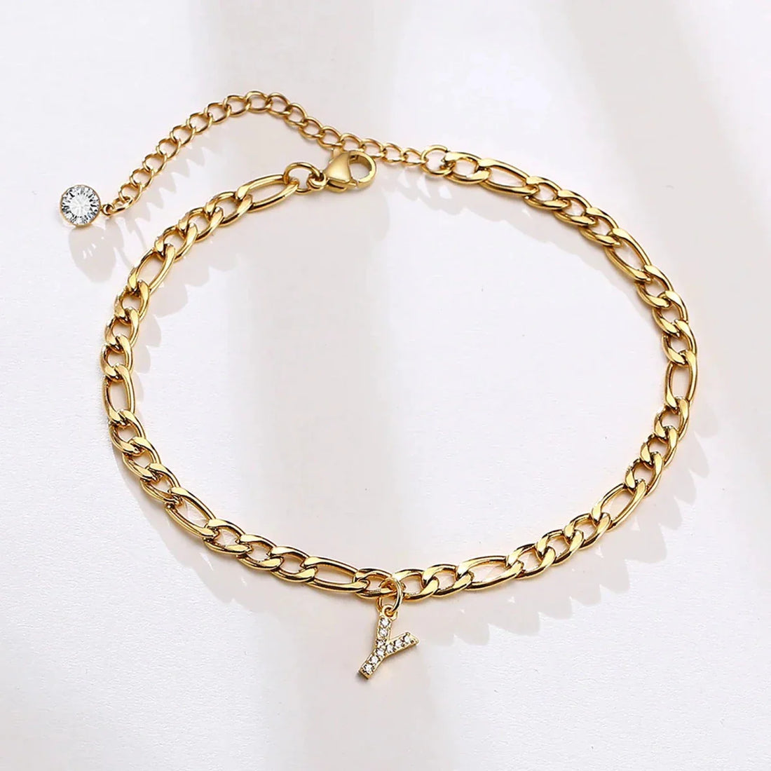 Mandotos Crystal A Z Letter Initial Anklets For Women Cuban Link Stainless Steel Beach Anklet