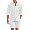 Summer Men's Beaded Loose Casual Linen Breathable Hawaiian Simple Long Sleeve Shirt Beach Shorts Set