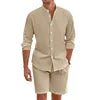 Summer Men's Beaded Loose Casual Linen Breathable Hawaiian Simple Long Sleeve Shirt Beach Shorts Set