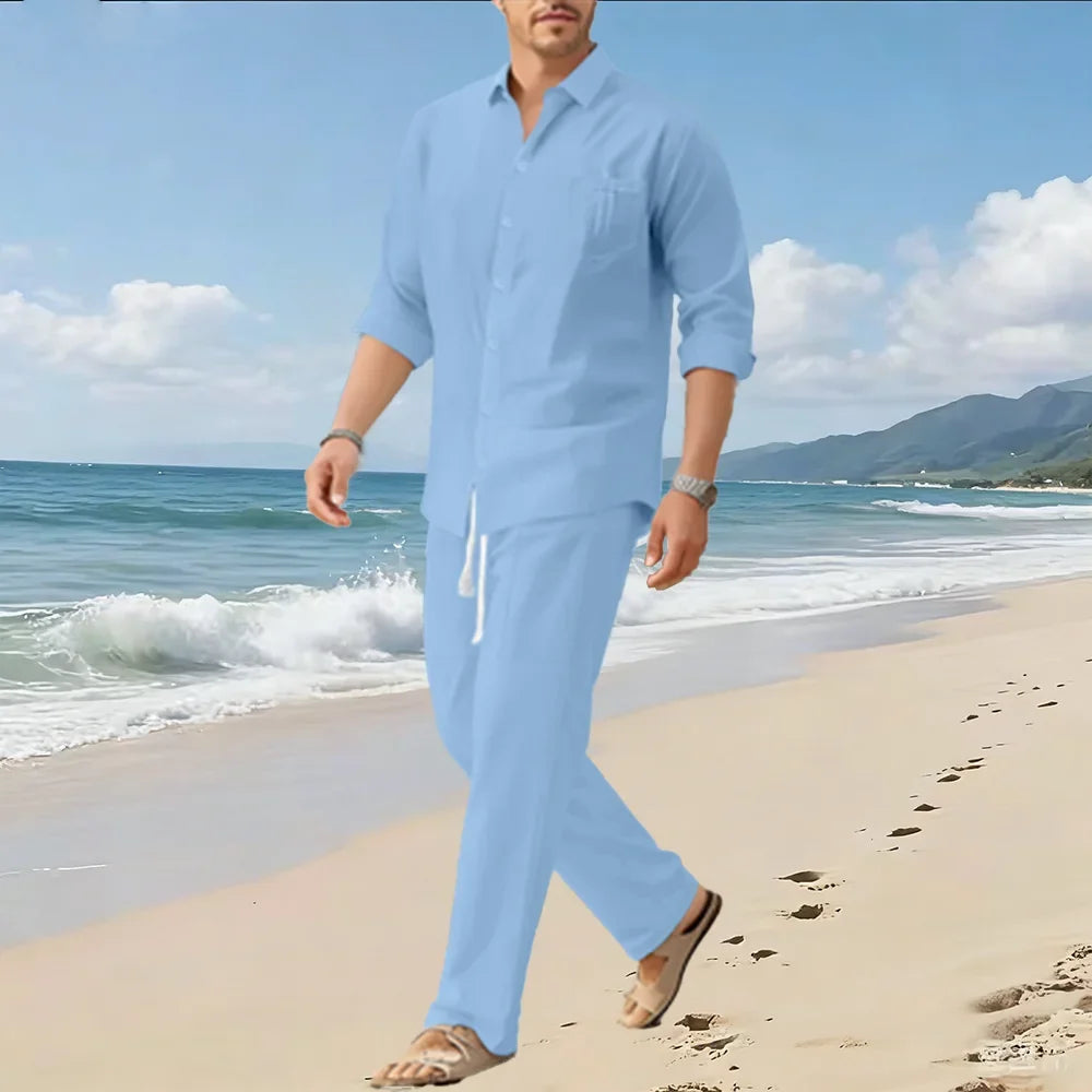 Spring/Summer New Men's Loose Comfortable Long-Sleeved Shirt and Pants Two-Piece Set