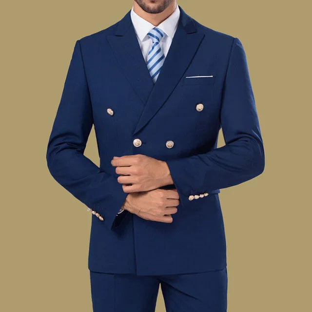 Men Double Breasted Business Formal Suits Two Piece Peaked Lapel Custom Made Groomsmen Wedding Tuxedos Jacket+ Pants
