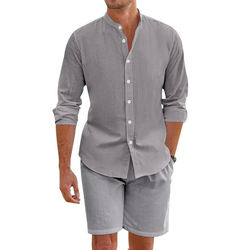 Summer Men's Beaded Loose Casual Linen Breathable Hawaiian Simple Long Sleeve Shirt Beach Shorts Set