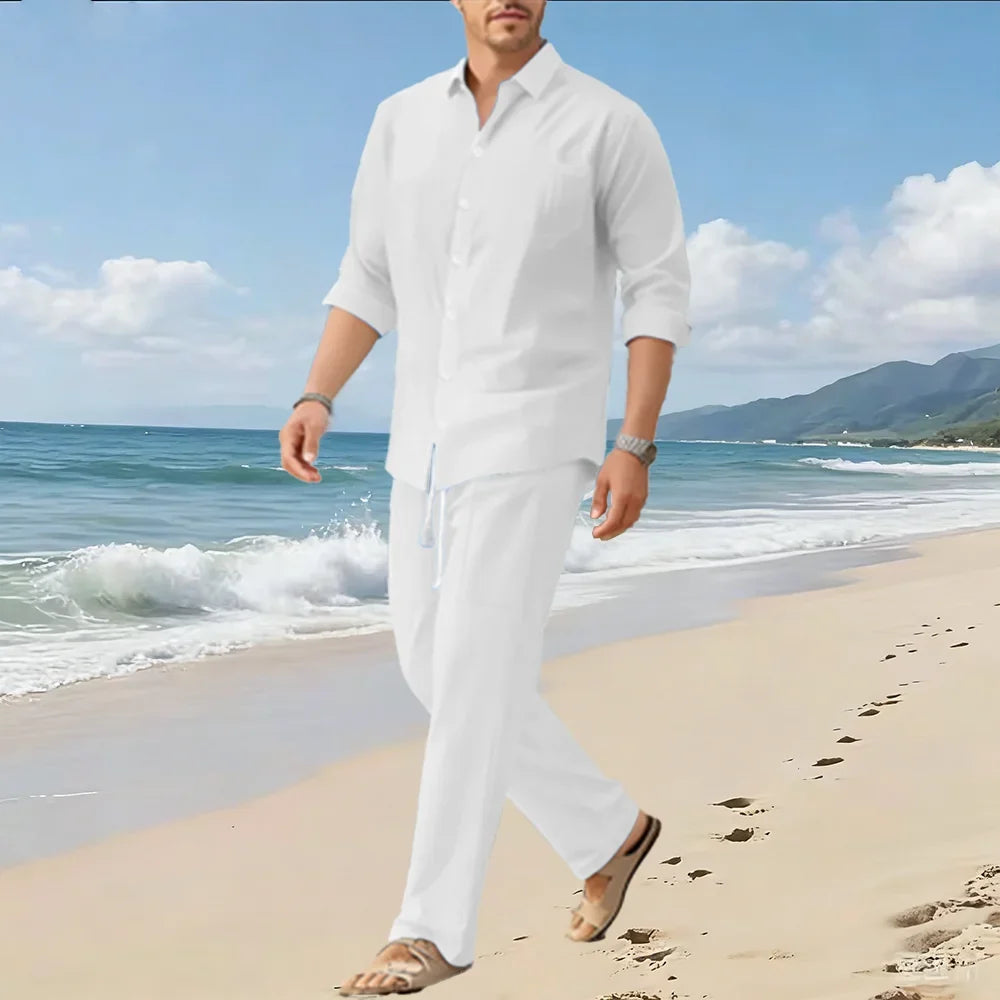 Spring/Summer New Men's Loose Comfortable Long-Sleeved Shirt and Pants Two-Piece Set