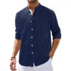Men's Loose Casual Linen Breathable Solid Color Simple Long Sleeve Shirt Collar Cotton Cardigan