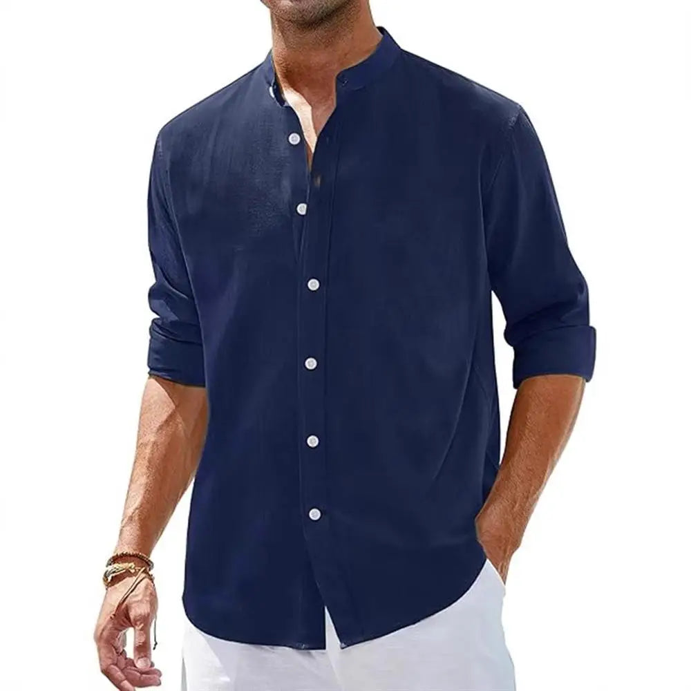 Men's Loose Casual Linen Breathable Solid Color Simple Long Sleeve Shirt Collar Cotton Cardigan