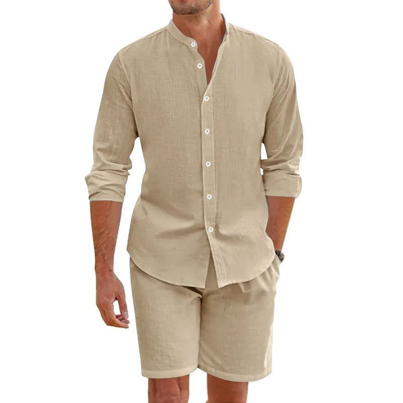 Summer Men's Beaded Loose Casual Linen Breathable Hawaiian Simple Long Sleeve Shirt Beach Shorts Set