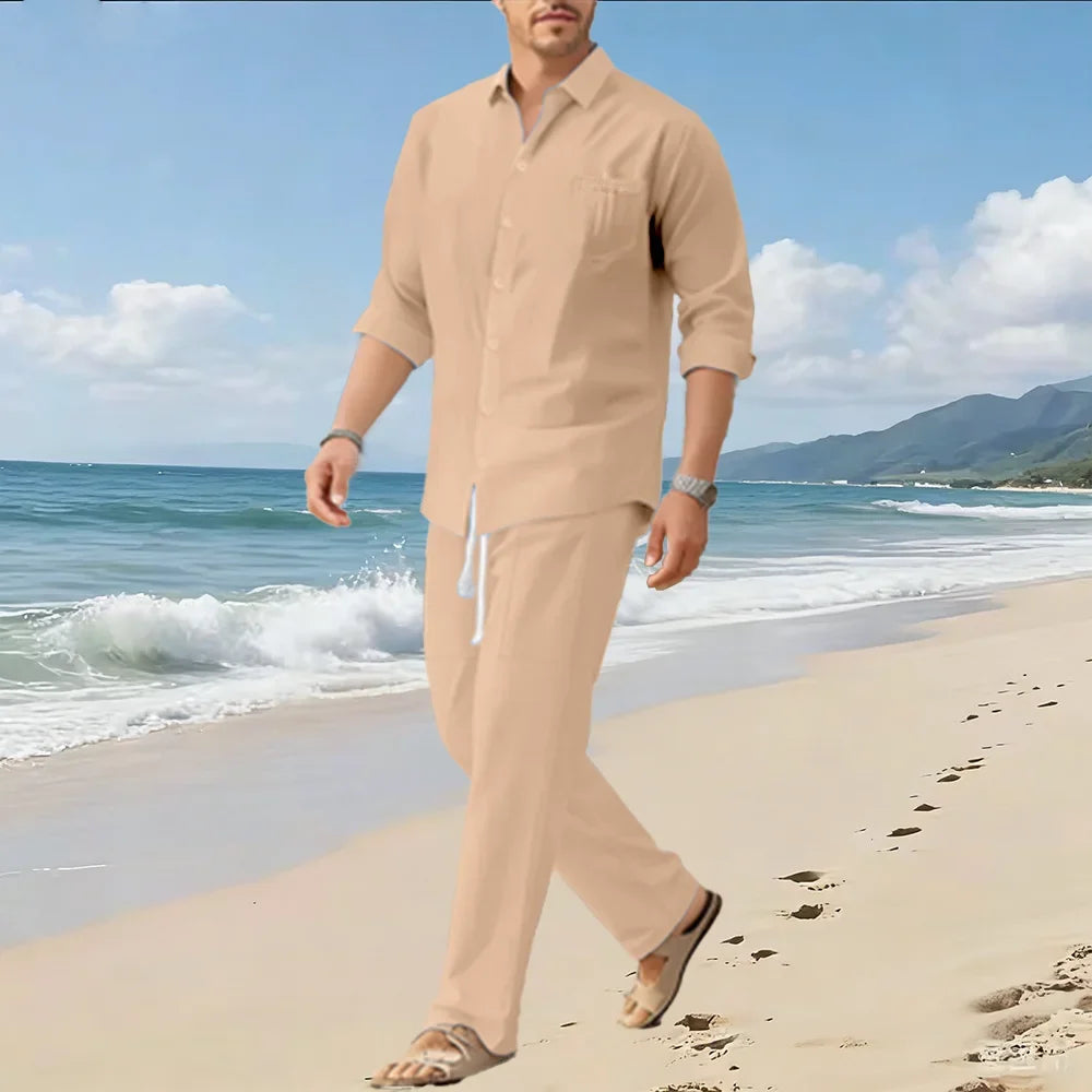 Spring/Summer New Men's Loose Comfortable Long-Sleeved Shirt and Pants Two-Piece Set