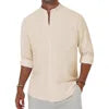 Men's Loose Casual Linen Breathable Solid Color Simple Long Sleeve Shirt Collar Cotton Cardigan