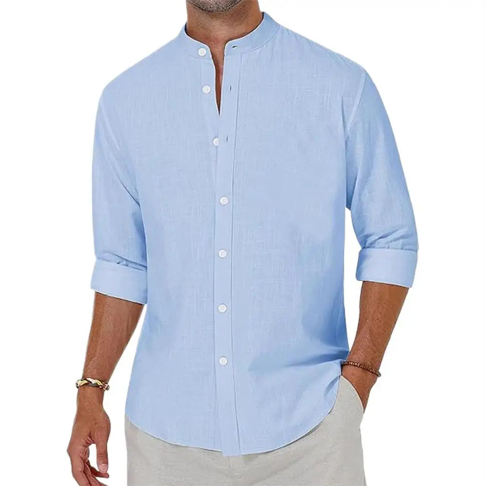 Men's Loose Casual Linen Breathable Solid Color Simple Long Sleeve Shirt Collar Cotton Cardigan
