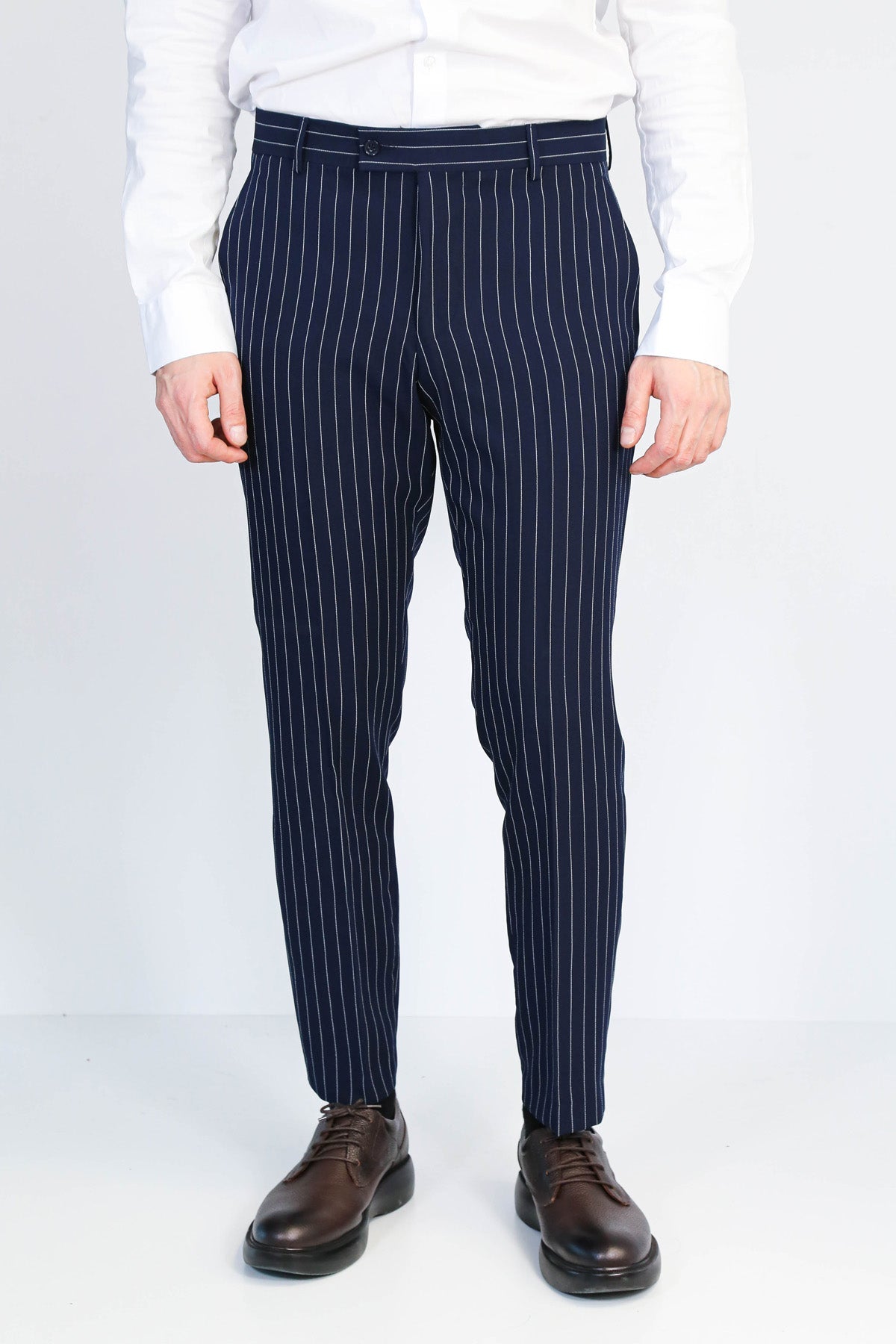 Navy Blue White Pinstripe Slim Fit Dress Trousers – Wessi