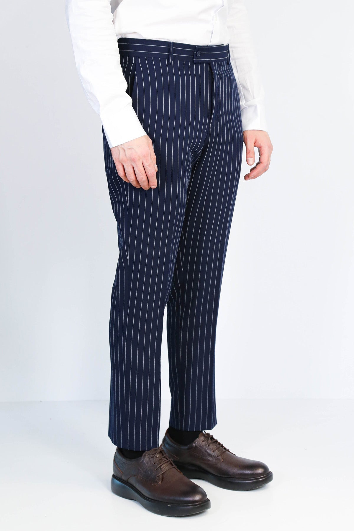 Navy Blue White Pinstripe Slim Fit Dress Trousers – Wessi