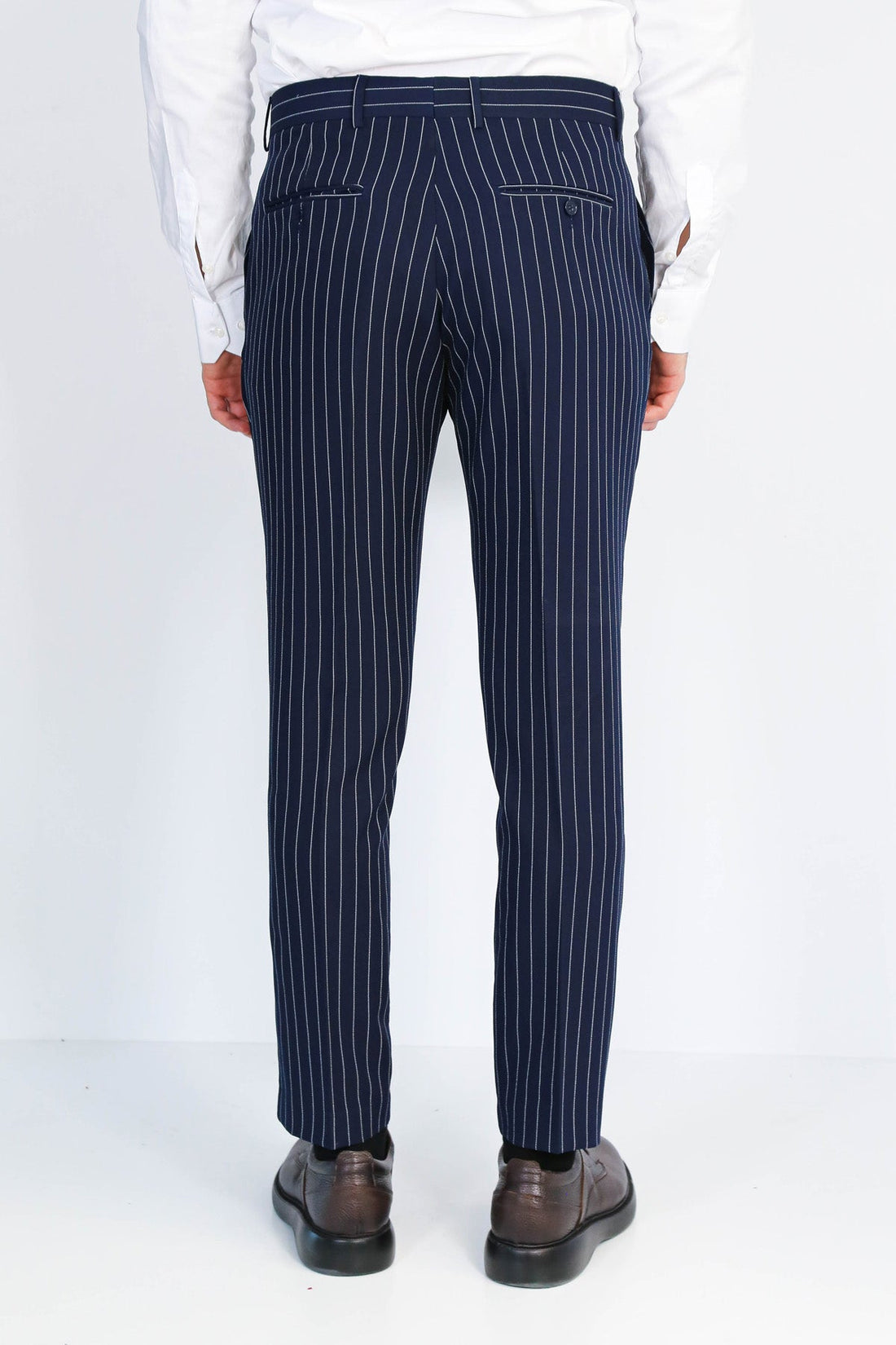 Navy Blue White Pinstripe Slim Fit Dress Trousers – Wessi