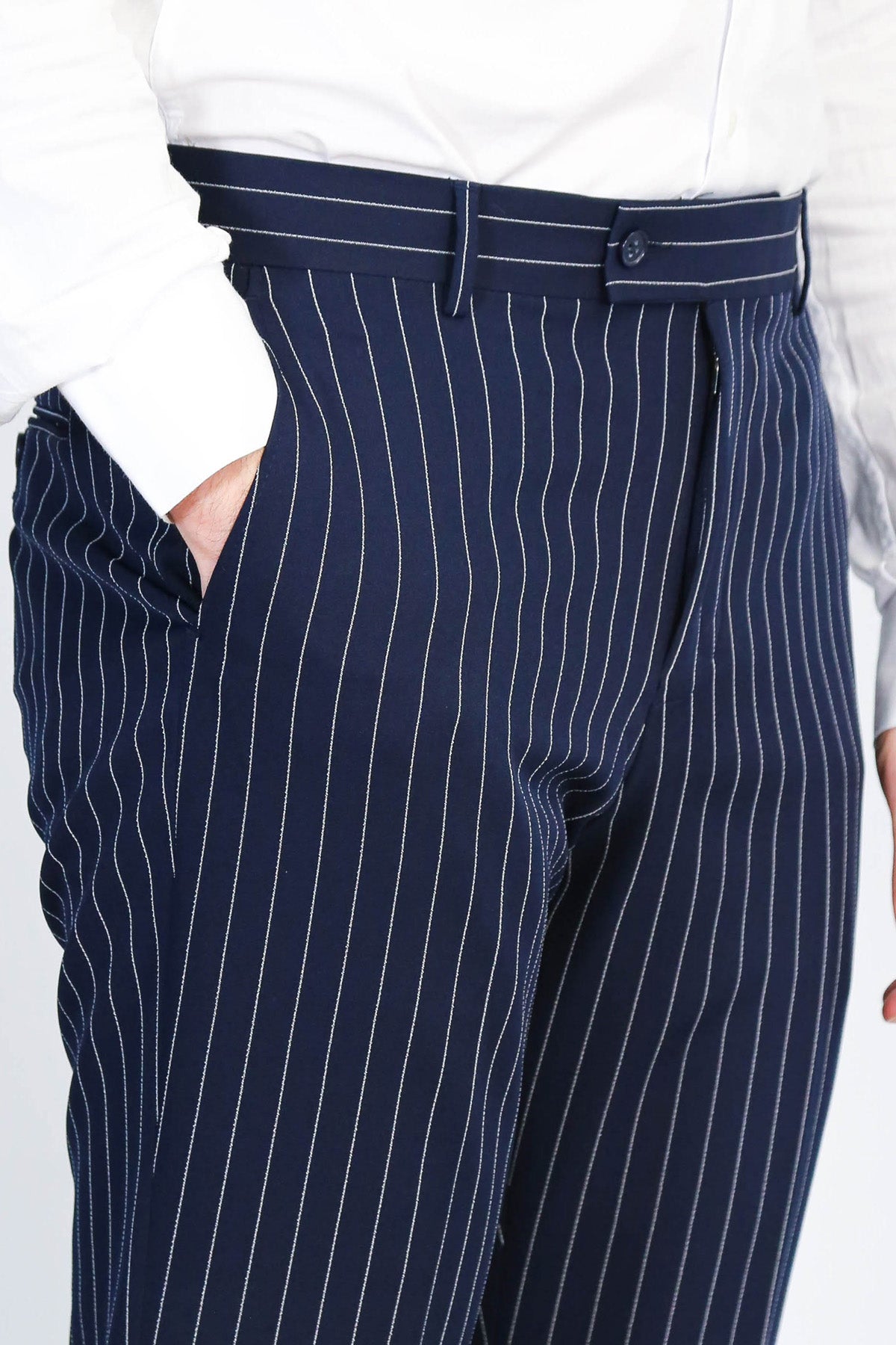 Navy Blue White Pinstripe Slim Fit Dress Trousers – Wessi