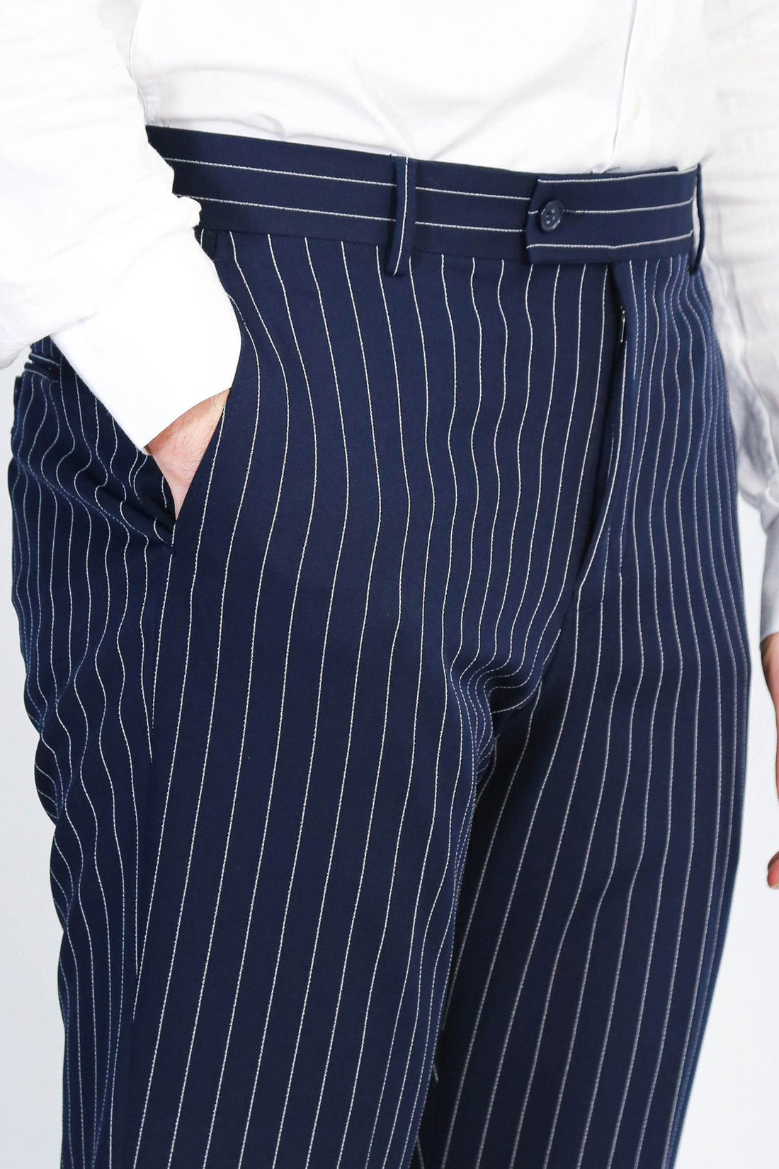 Navy Blue White Pinstripe Slim Fit Dress Trousers – Wessi