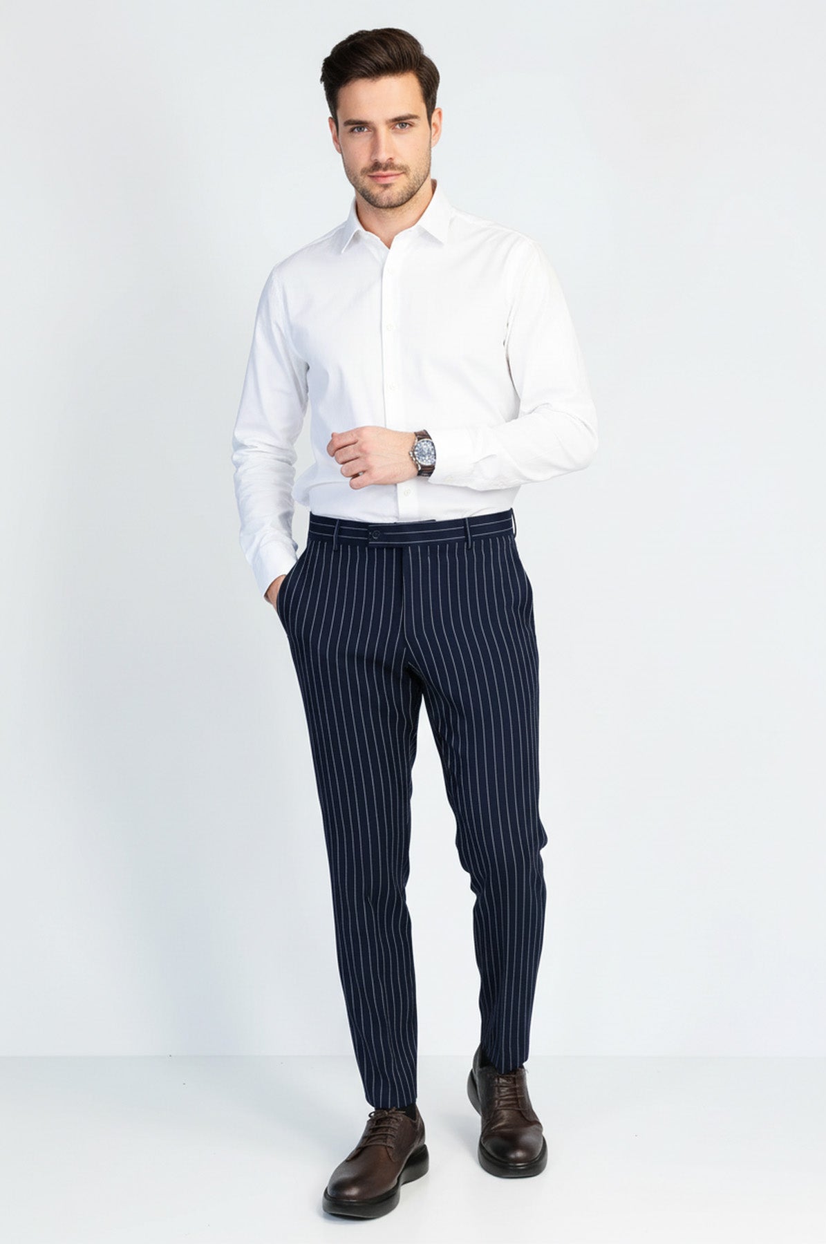 Navy Blue White Pinstripe Slim Fit Dress Trousers – Wessi