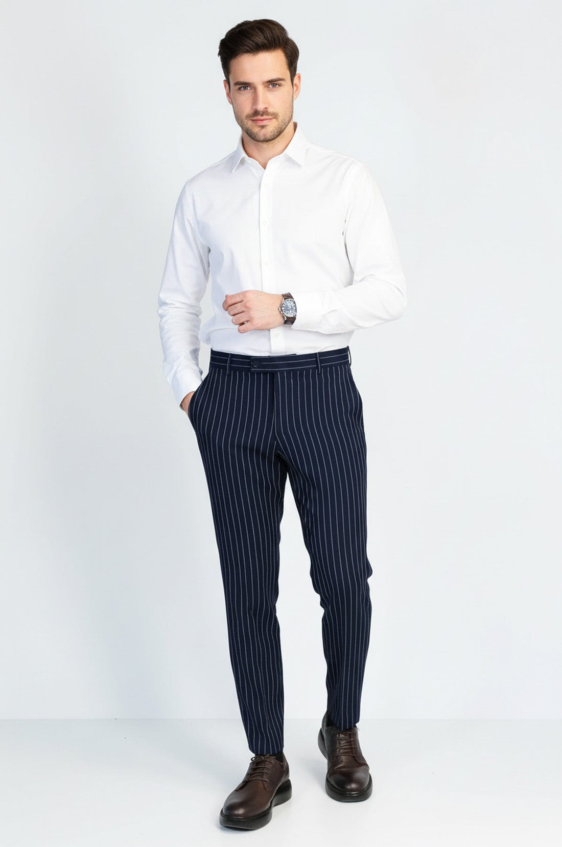 Navy Blue White Pinstripe Slim Fit Dress Trousers – Wessi