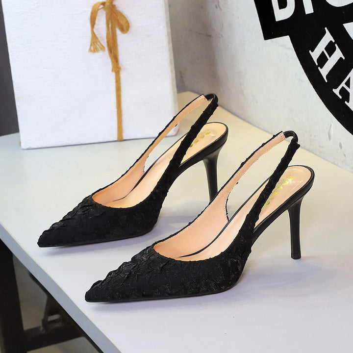 Elegant Pleated Satin Stiletto Women Shoes Pointed Toe Shallow Mouth Cocktail Hollow Out Cutout Back Strap High Heel Sandals