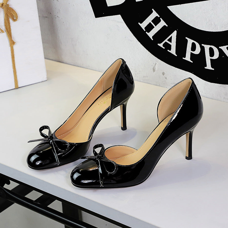 French Sweet Bow Decoration round Toe Shallow Mouth Side Hollow Out Cutout Slip on Stiletto Heel Women Shoes