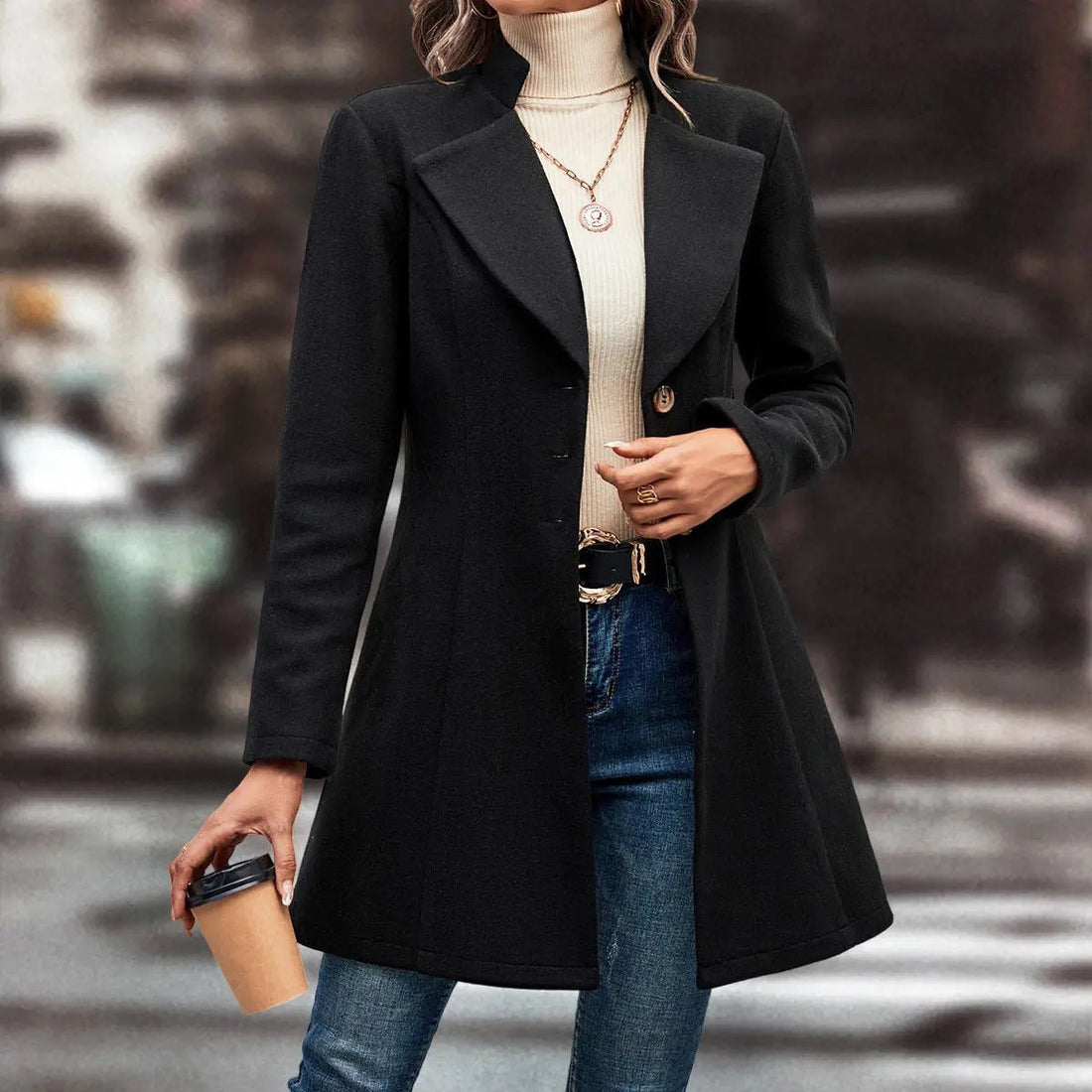 Women Clothing Fall Winter Lapels Slim Fit Wool Solid Color Coat