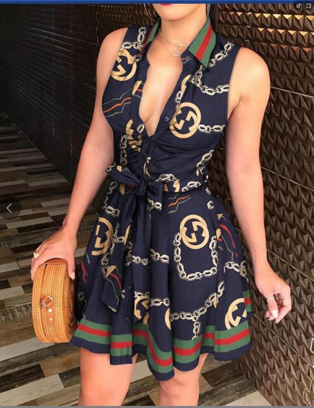 V-neck Lace up Fashion Print Dress