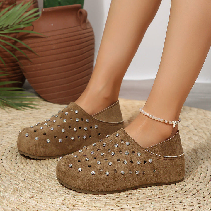 Rhinestone Hollow Out Cutout Boken Toe Cap Low Top Shoes Women Summer Casual Thick Bottom Lazy Semi Slippers