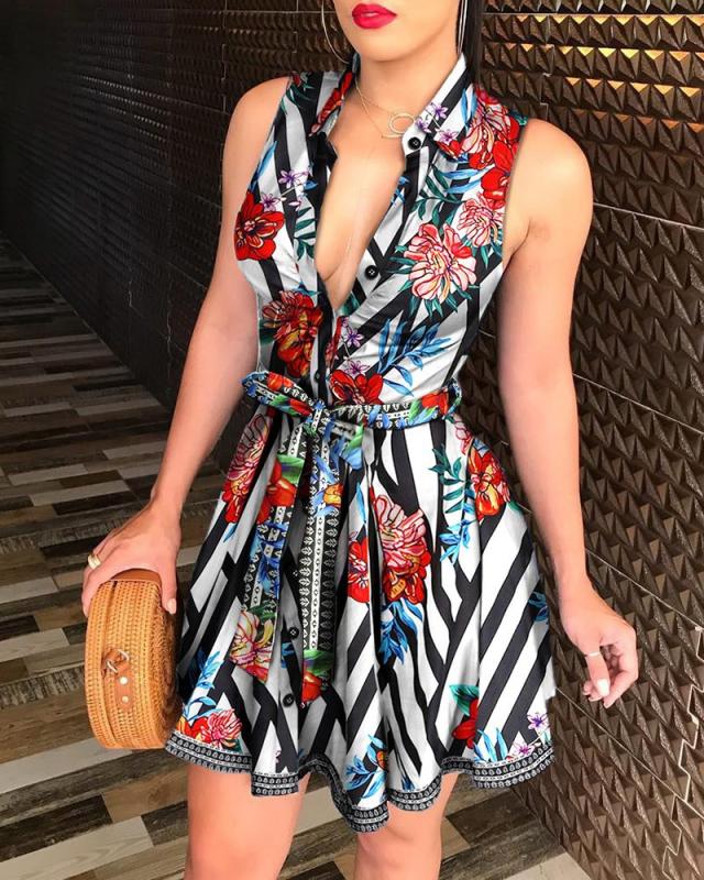 V-neck Lace up Fashion Print Dress