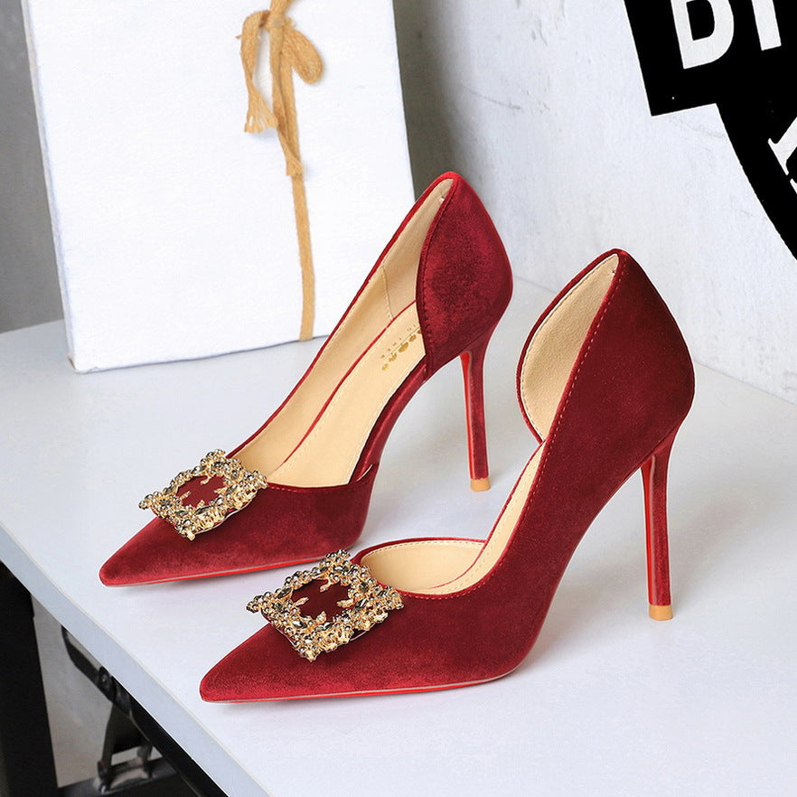 Korean Suede Side Empty Shoes Women Super High Heel Sexy Pointed Toe Rhinestone Square Buckle Stiletto Women Shoes