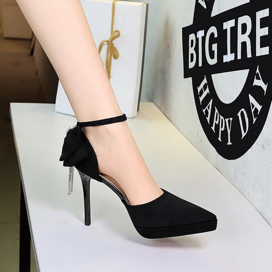 Cocktail Black Platform Pointed Toe Buckle Suede Back Bow Rhinestone Sandals