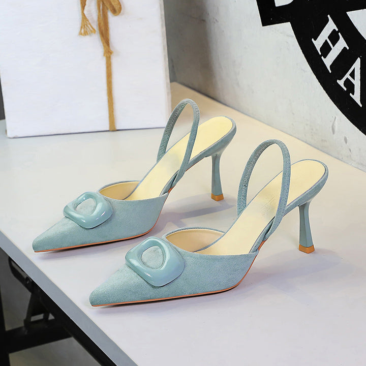 French Office Square Buckle Pointed Toe Suede Small Clear Back Empty Strap Stiletto Heel Women Shoes