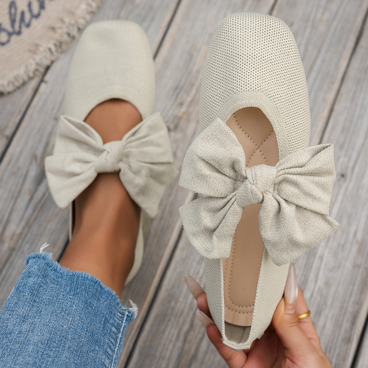 Autumn Bow Knitted Square Toe Flat Shoes Women Breathable Low Cut Tods Casual Shoes