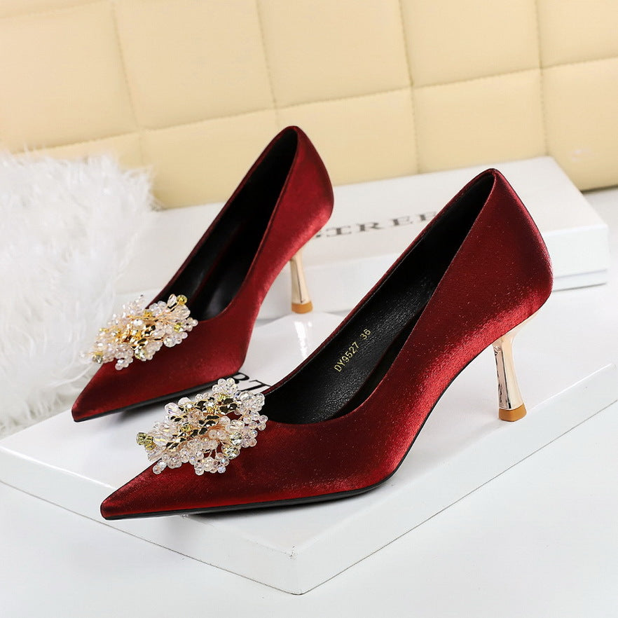 French Metal High Heel Women Shoes Rhinestone Floral Decoration Pointed Toe Satin Stiletto Heel Pumps Women